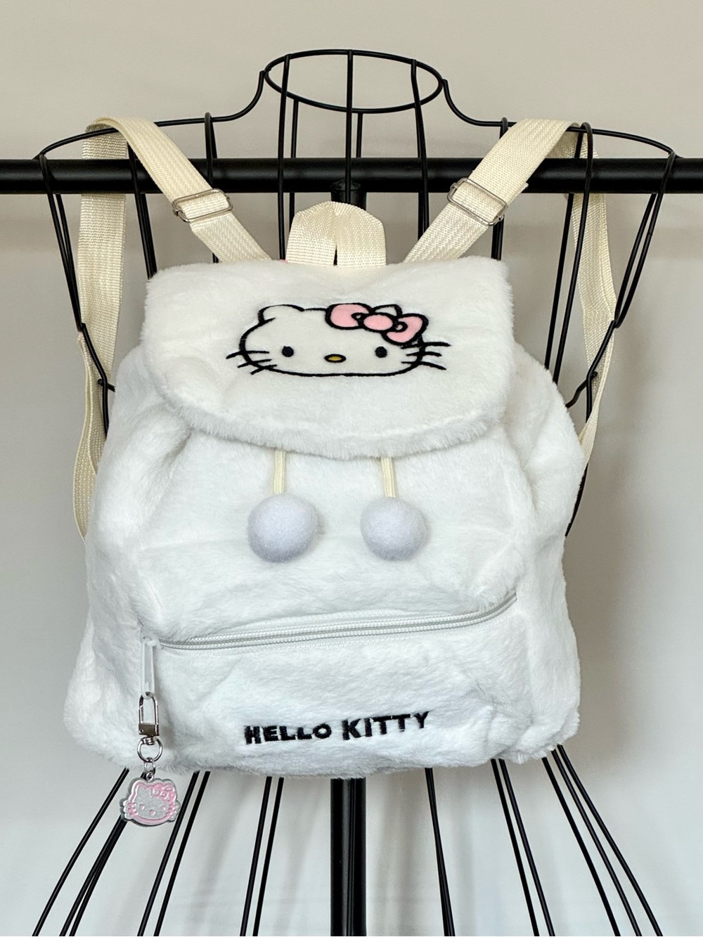 New Women’s Hello Kitty Embroidered White Faux Fur Mini Backpack Purse w/ Charm